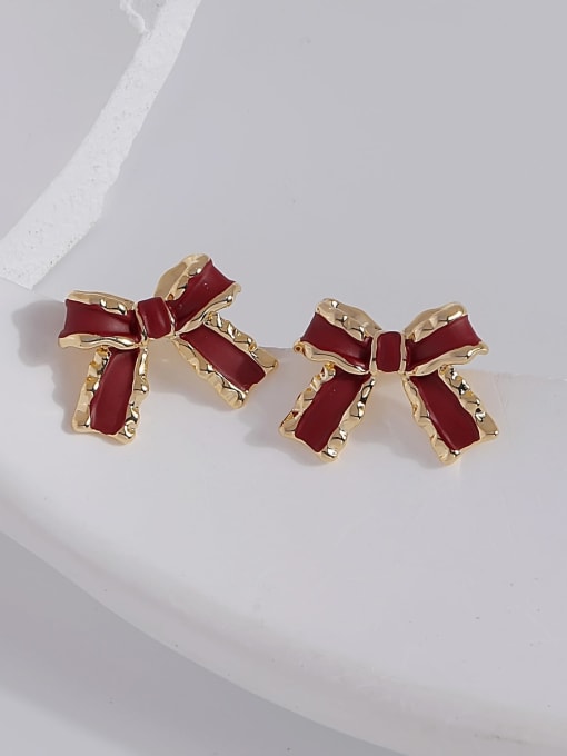 14K gold wine red [925 silver needle] Brass Enamel Bowknot Dainty Stud Earring
